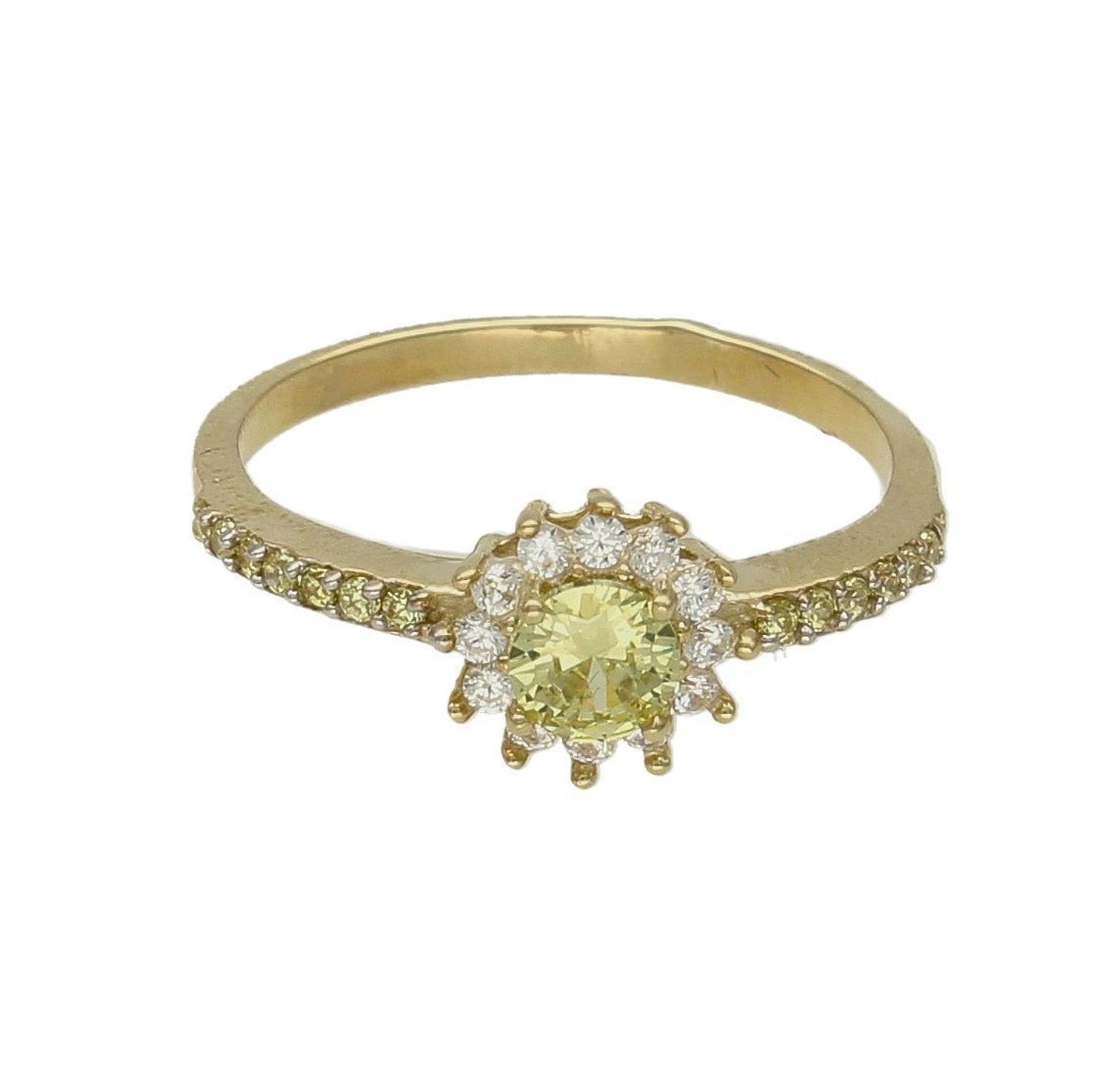 Złoty pierścionek 333 z oliwinem i cyrkoniami  PI 6053. Pierścionek został wykonany z najwyższej jakości złota próby 333. Waga pierścionka wynosi około 1,86 gram. Pierścionek został ozdobiony kamieniami naturalnymi o modnym u (1).jpg